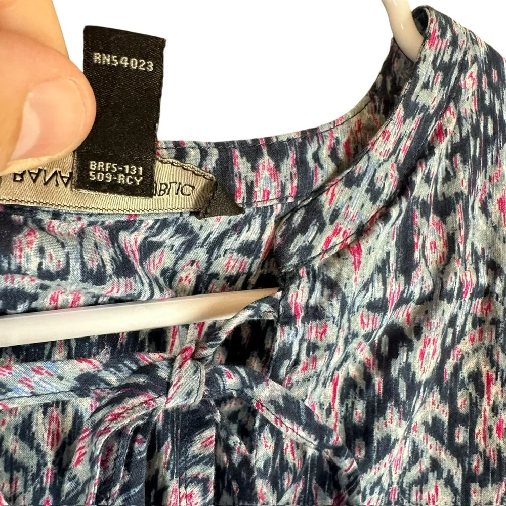 Banana Republic Navy Blue Ikat Print Tie-Neck Blouse with Pink Accents